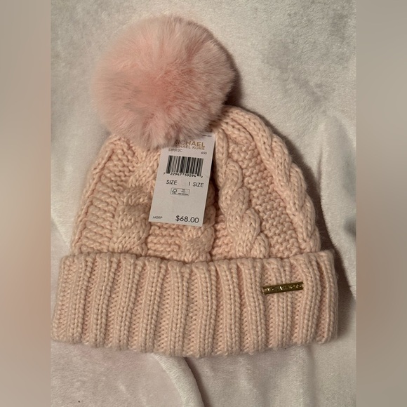 Michael Kors Fleece Lined Braided Knit Cuff Beanie Faux Fur Pom - Light Pink - Picture 5 of 8
